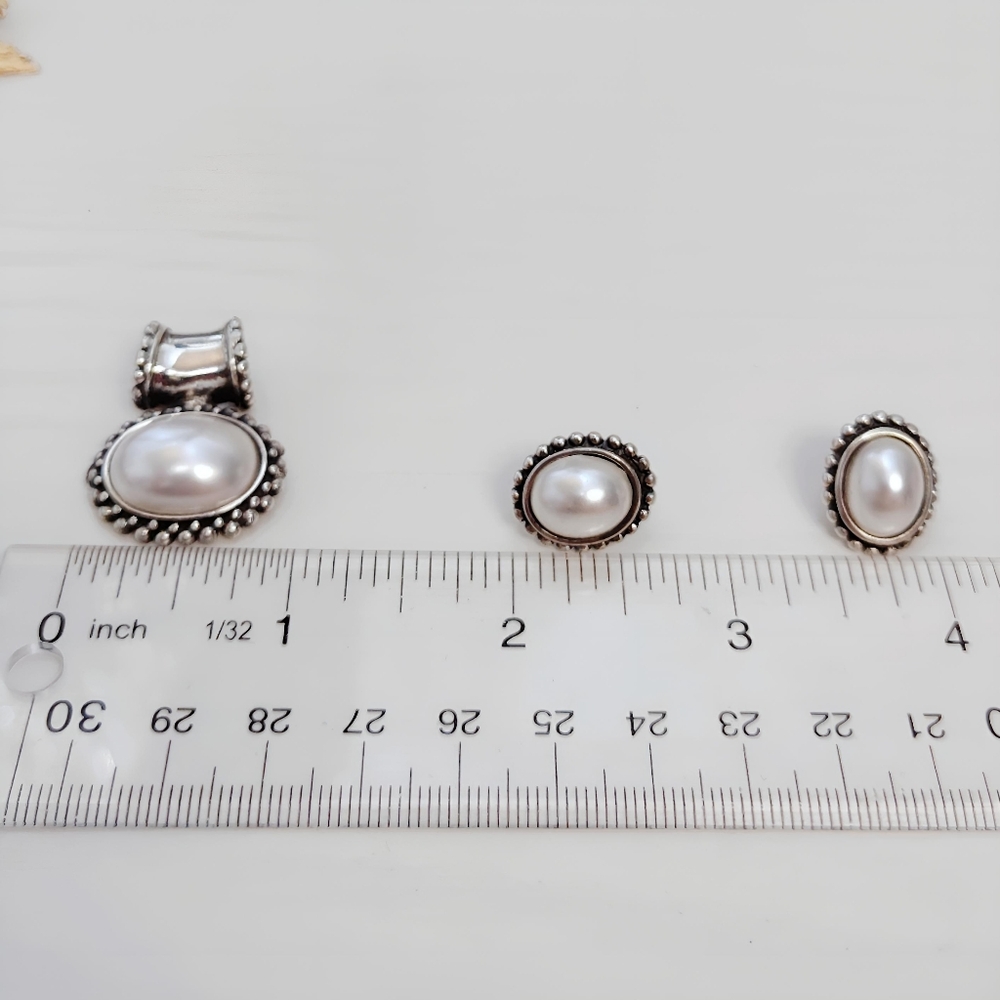 Vintage Sterling Silver SET Faux Pearl Slider Pendant and Post back Earrings - Picture 3 of 9